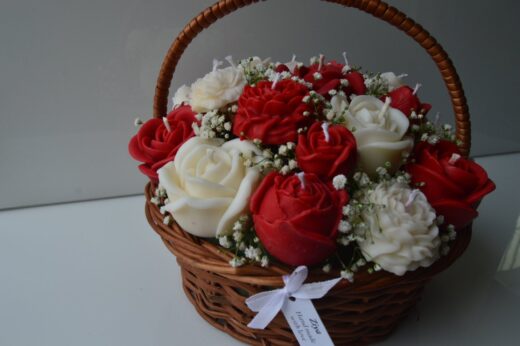 Red White Rose Basket Bouquet - Ziya Candles